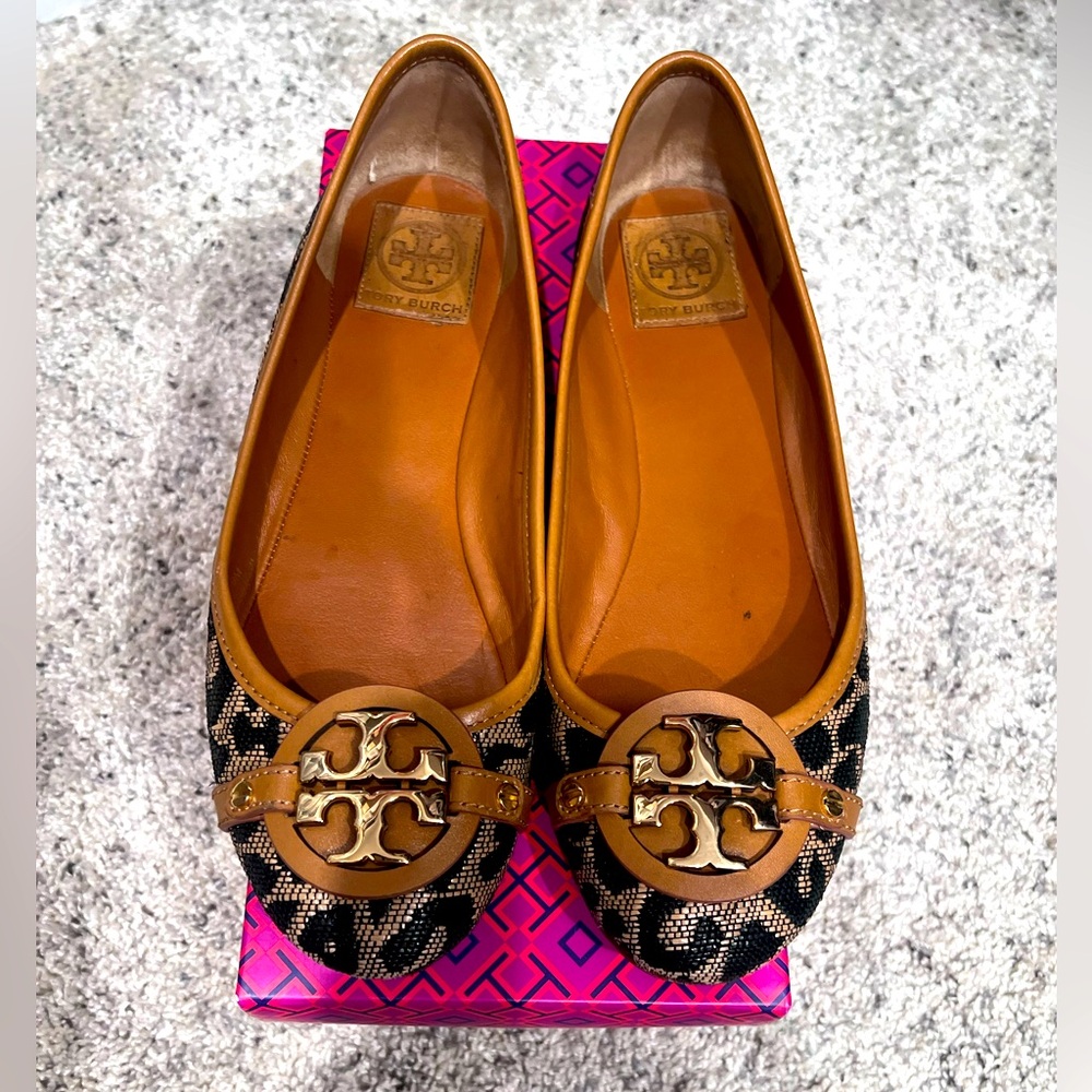 Tory Burch Brown and Black Flats with Iconic Medallion